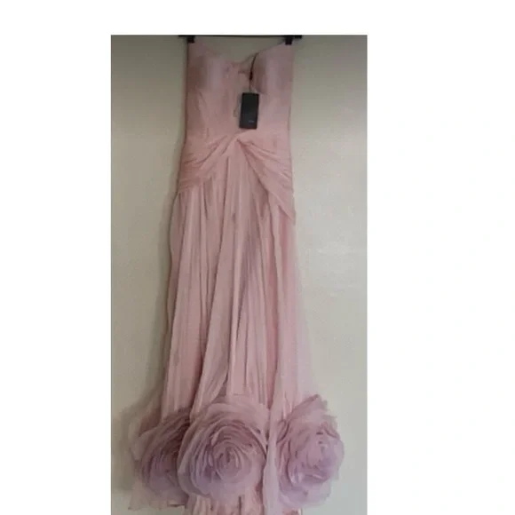 Romantic Strapless Pink Chiffon Gown with Rosette Hem - Picture 1 of 8